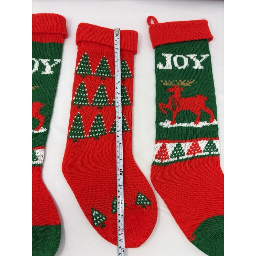 3 Vintage Red Green Joy Reindeer Trees Knit Christmas Stocking Granny Core 80's